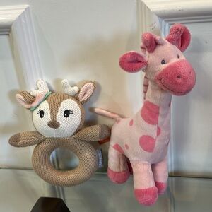 Living Textiles Ava the Fawn knitted ring rattle and gitzy giraffe plush rattle